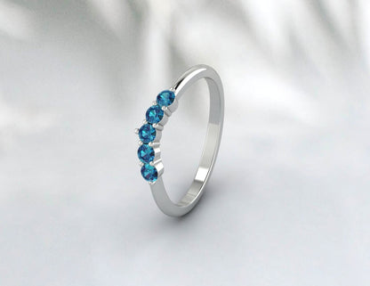 Curved London Blue Topaz Wedding Band Promise Matching Bridal Ring