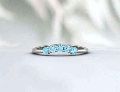 Dainty Aquamarine Chevron Wedding Band, Half Eternity Matching Band, 14K White Gold Micro Pave Anniversary Ring Bridal Gift For Her Lovegift