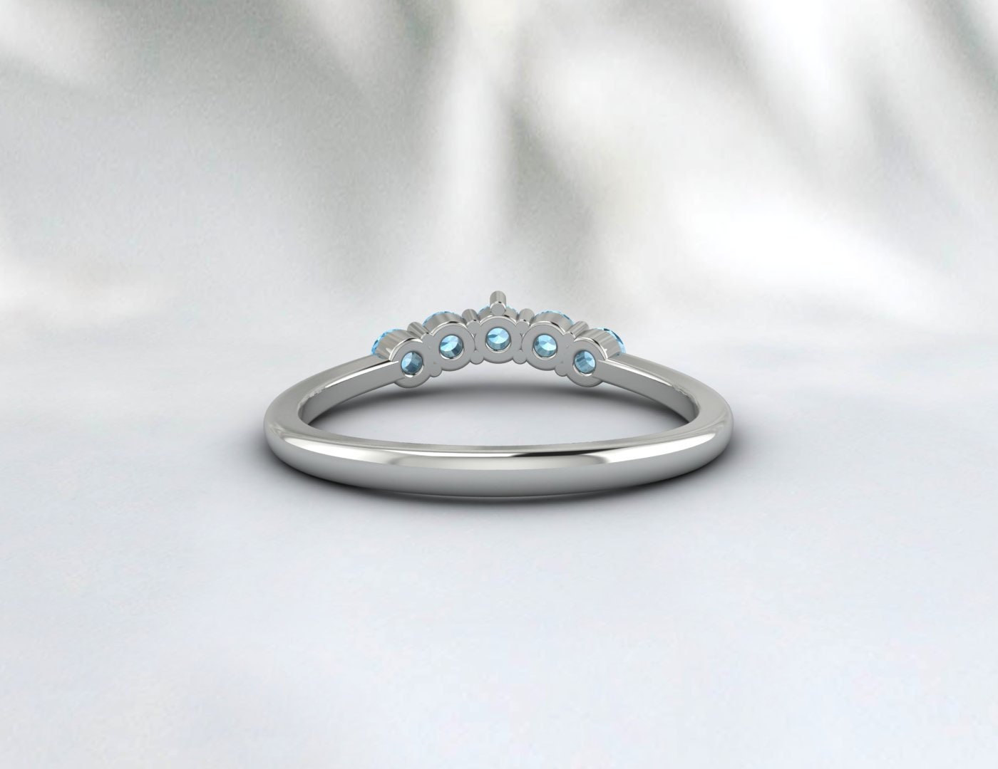 Dainty Aquamarine Chevron Wedding Band, Half Eternity Matching Band, 14K White Gold Micro Pave Anniversary Ring Bridal Gift For Her Lovegift