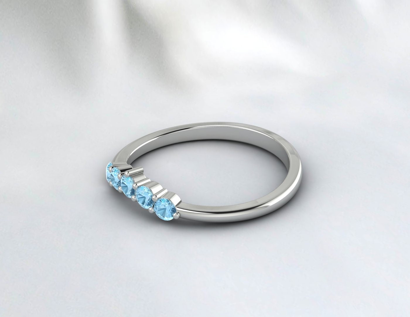 Dainty Aquamarine Chevron Wedding Band, Half Eternity Matching Band, 14K White Gold Micro Pave Anniversary Ring Cadeau de mariée pour son cadeau d’amour