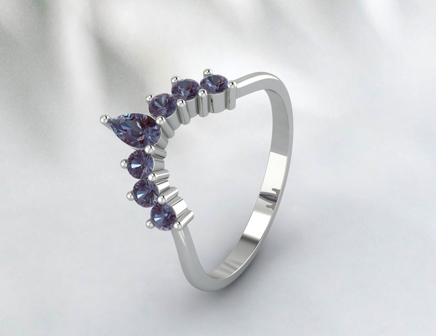 Pear Alexandrite Curved Wedding Band Engagement Ring For Bridal