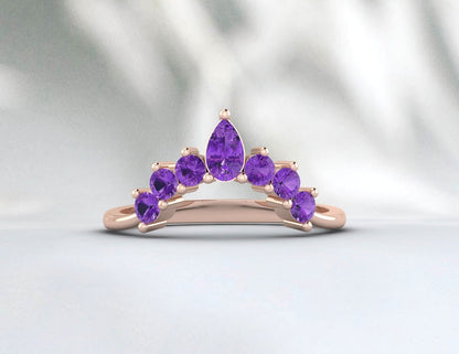 Teardrop Purple Amethyst Curved Wedding Band Ring Pear Amethyst Ring