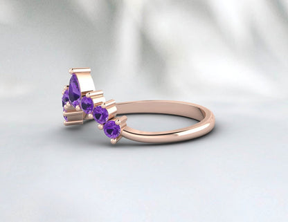 Teardrop Purple Amethyst Curved Wedding Band Ring Pear Amethyst Ring