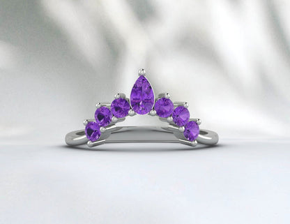 Teardrop Purple Amethyst Curved Wedding Band Ring Pear Amethyst Ring