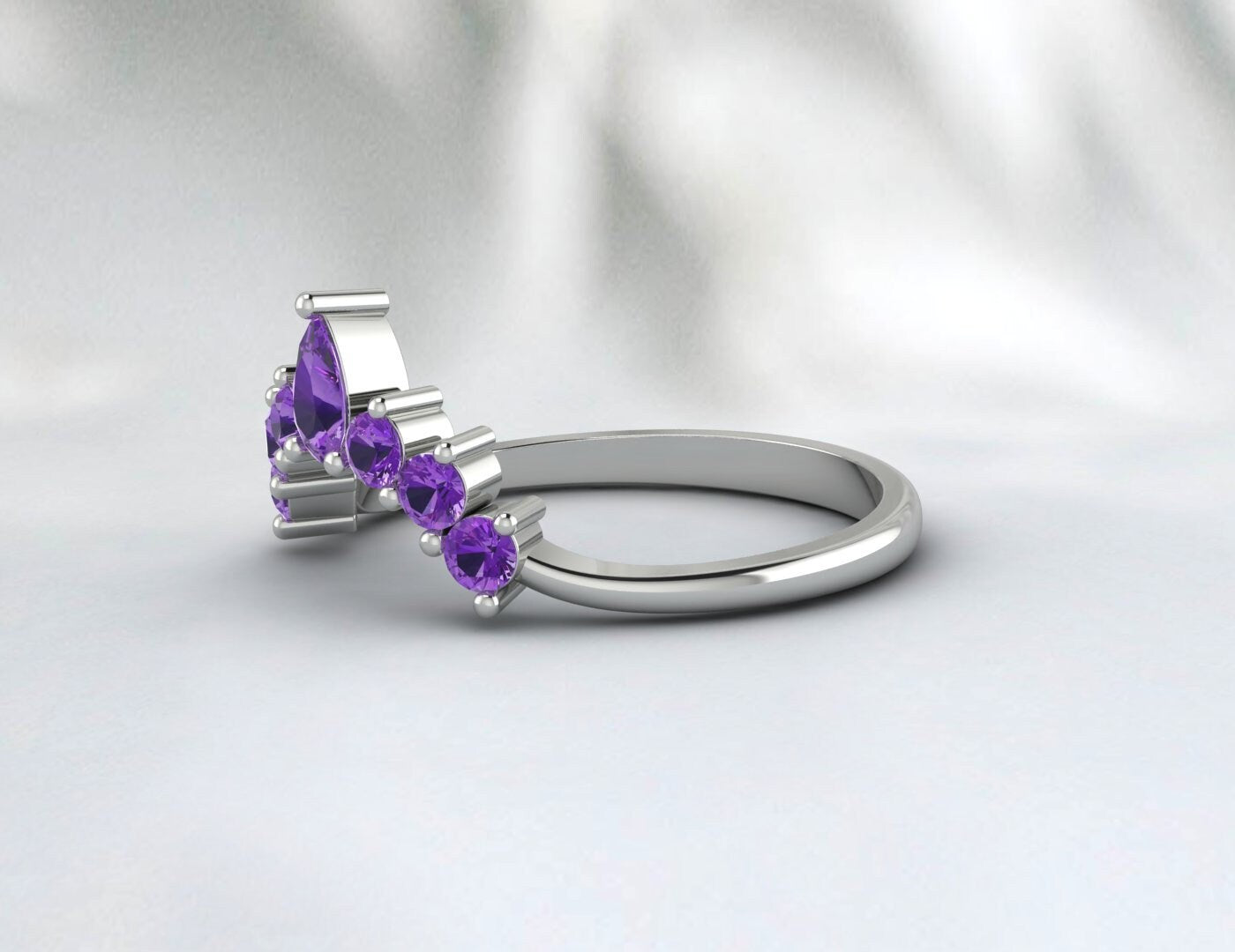 Teardrop Purple Amethyst Curved Wedding Band Ring Pear Amethyst Ring