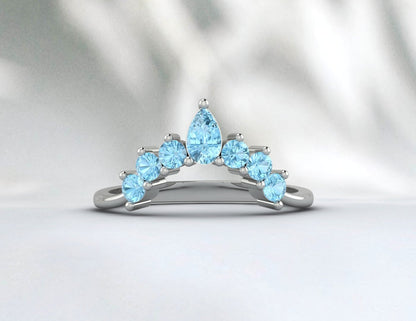 Crown Aquamarine Curve Wedding Band Chevron Anniversary Ring For Her