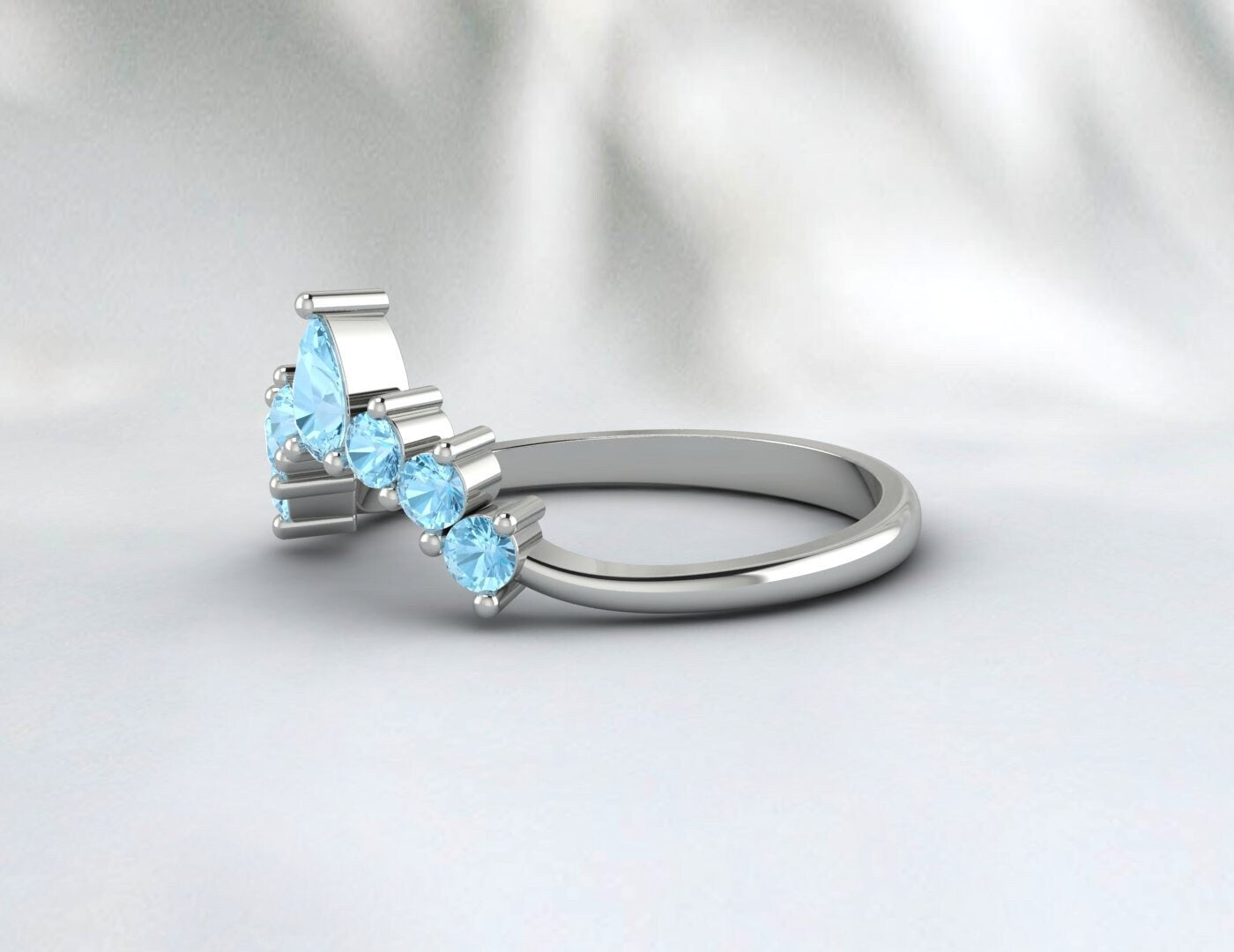 Crown Aquamarine Curve Wedding Band Chevron Anniversary Ring For Her