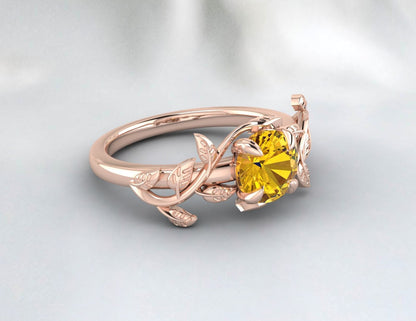 Natural Yellow Citrine Ring, Leaf shaped, November birthstone, Round cut Gemstone, Handmade Gift, Jewelry Rings, Prong Ring, Engagement Ring