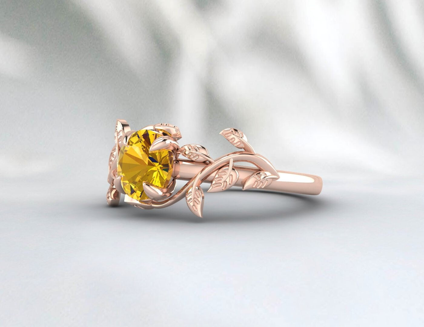 Natural Yellow Citrine Ring, Leaf shaped, November birthstone, Round cut Gemstone, Handmade Gift, Jewelry Rings, Prong Ring, Engagement Ring