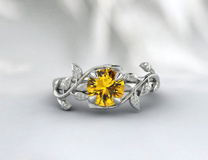 Bague citrine jaune naturelle, en forme de feuille, pierre de naissance de novembre, pierre précieuse ronde, cadeau fait à la main, bagues de bijoux, bague à griffes, bague de fiançailles