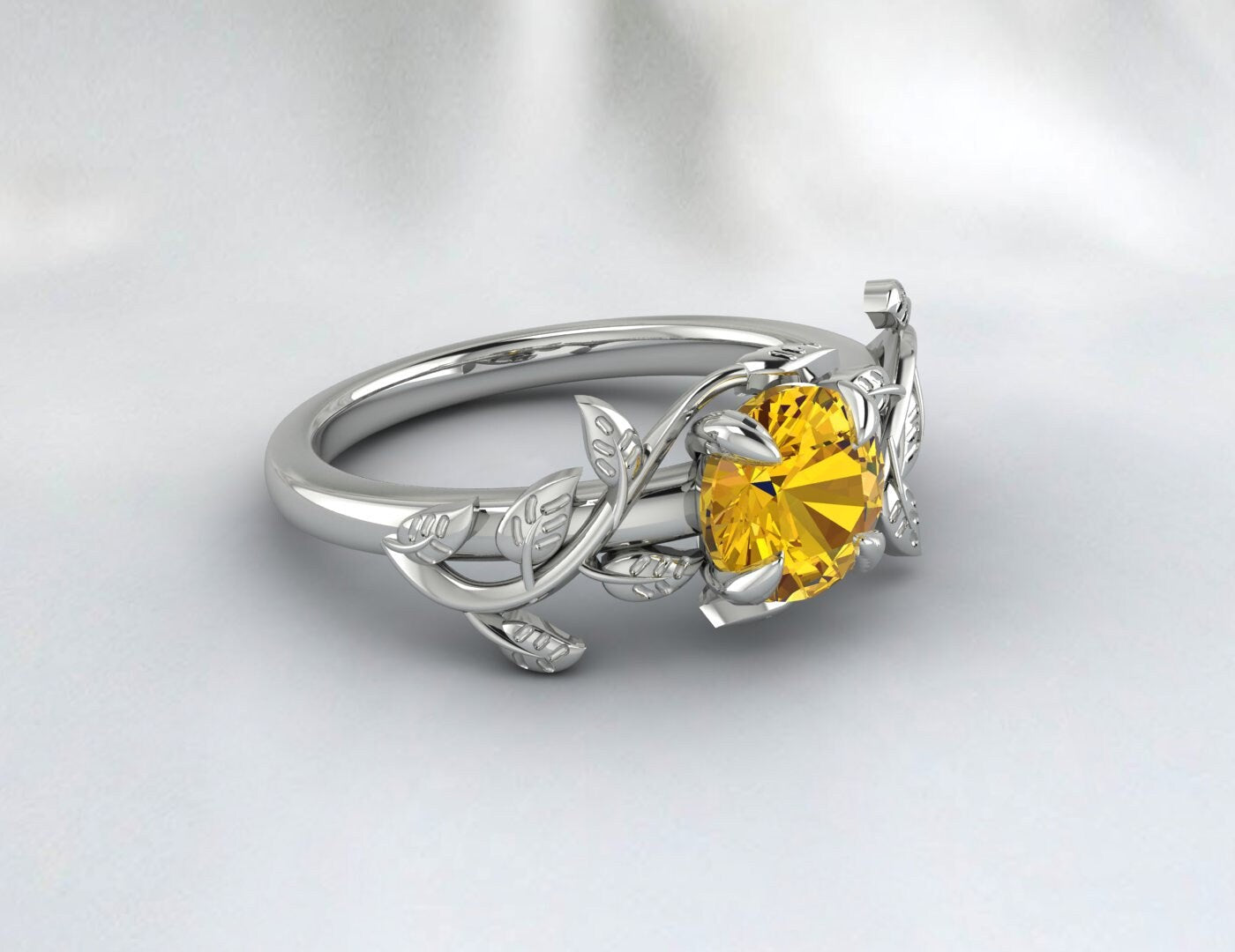 Natural Yellow Citrine Ring, Leaf shaped, November birthstone, Round cut Gemstone, Handmade Gift, Jewelry Rings, Prong Ring, Engagement Ring