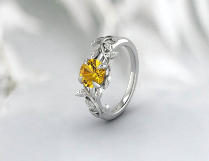 Natural Yellow Citrine Ring, Leaf shaped, November birthstone, Round cut Gemstone, Handmade Gift, Jewelry Rings, Prong Ring, Engagement Ring