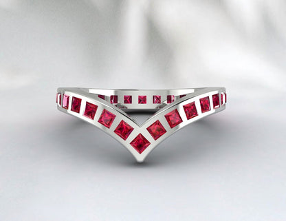 Princess Cut Ruby Wedding Curve Band Chevron V Shape Eternity Ring