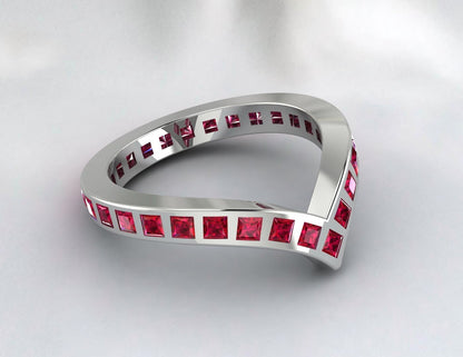 Princess Cut Ruby Wedding Curve Band Chevron V Shape Eternity Ring