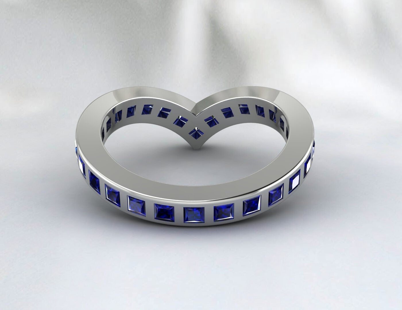 Sapphire Band Full Eternity Engagement Ring Curved V Shape Band