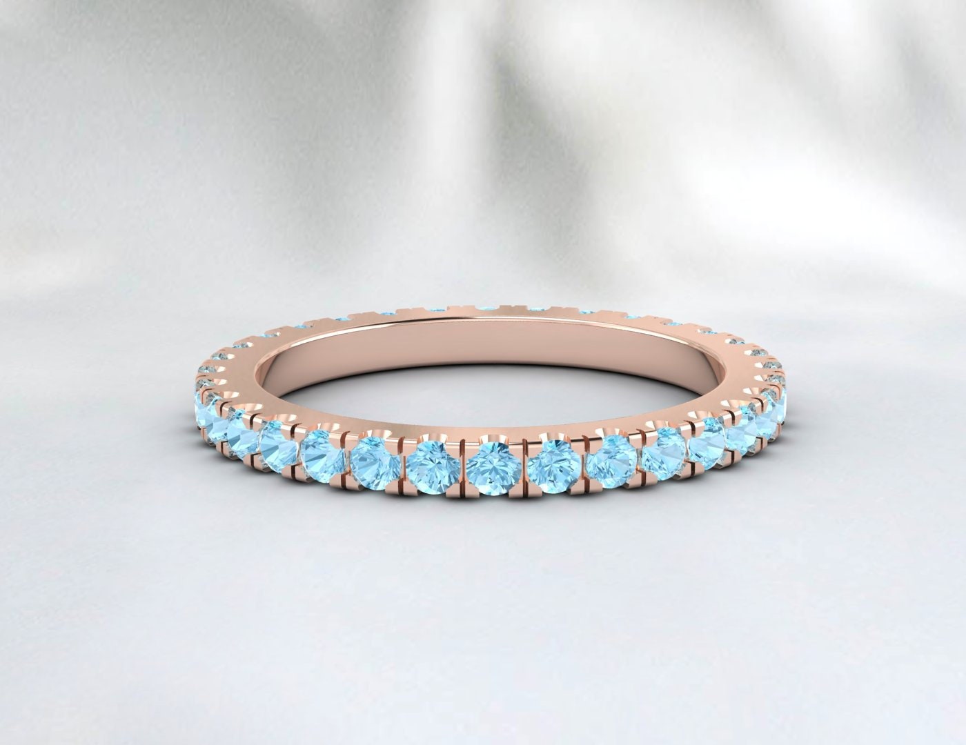 Round Aquamarine Wedding Band Full Eternity Anniversay Promise Ring