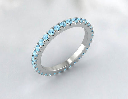 Round Aquamarine Wedding Band Full Eternity Anniversay Promise Ring