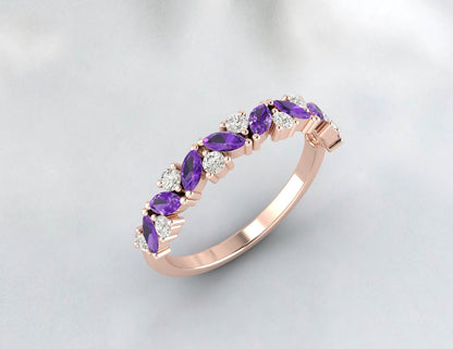 Rose Gold Amethyst Band, Women Half Eternity, Marquise Cut Amethyst Ring, Amethyst Wedding Band, Amethyst Diamond Ring, Unique Amethyst Ring