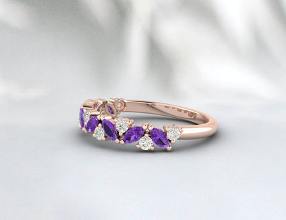 Rose Gold Amethyst Band, Women Half Eternity, Marquise Cut Amethyst Ring, Amethyst Wedding Band, Amethyst Diamond Ring, Unique Amethyst Ring