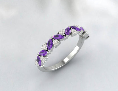 Rose Gold Amethyst Band, Women Half Eternity, Marquise Cut Amethyst Ring, Amethyst Wedding Band, Amethyst Diamond Ring, Unique Amethyst Ring