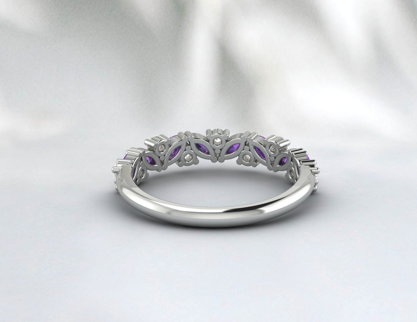 Rose Gold Amethyst Band, Women Half Eternity, Marquise Cut Amethyst Ring, Amethyst Wedding Band, Amethyst Diamond Ring, Unique Amethyst Ring