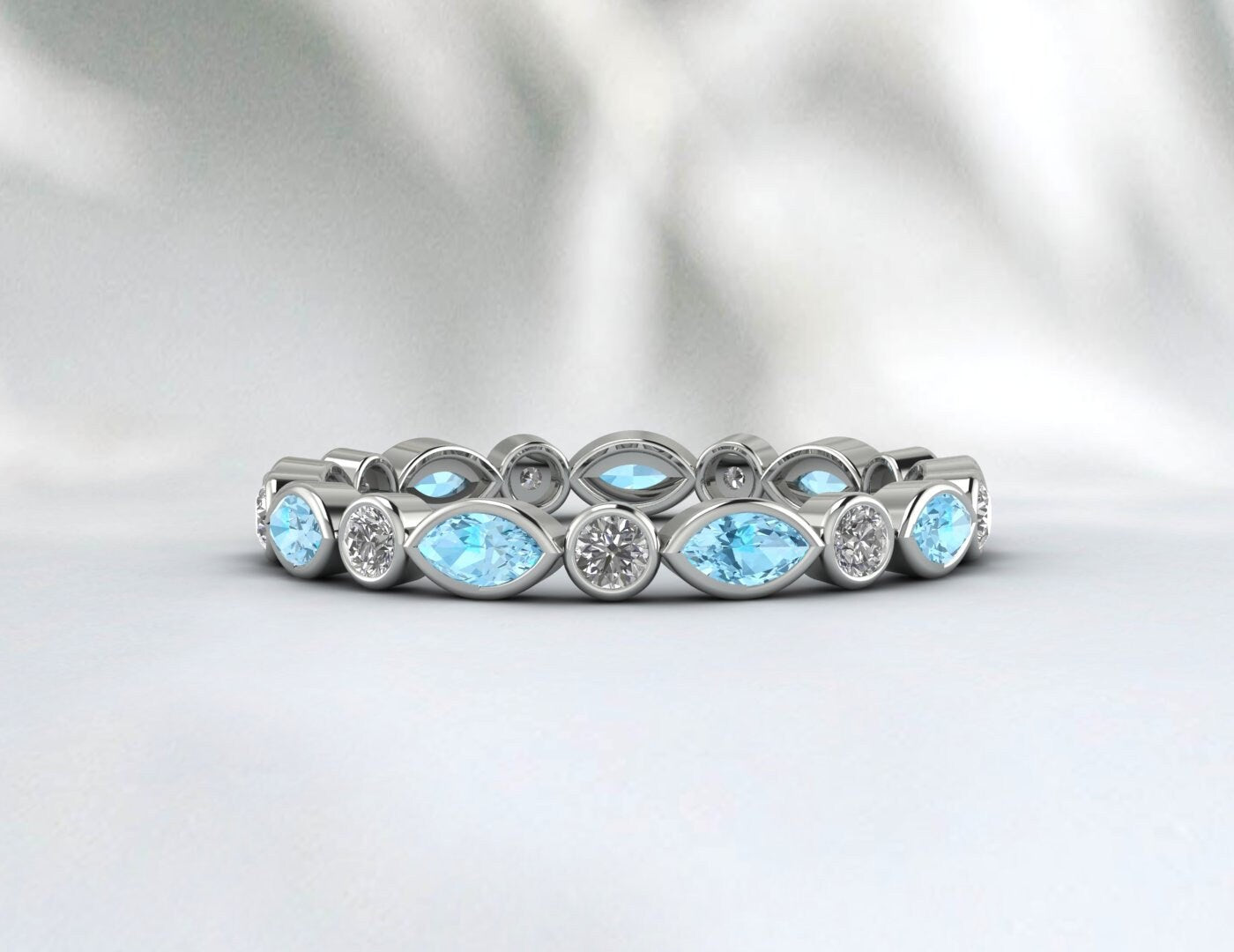 Marquise Aquamarine Wedding Band Moissanite Anniversary Band Gift