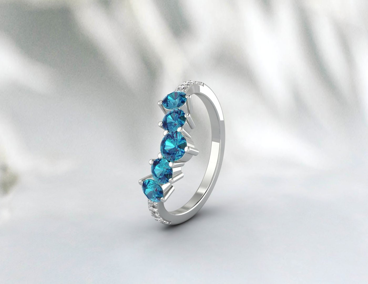 Bande de mariage unique en forme de V de Londres avec topaze bleue, bande assortie empilable à courbe de promesse vintage en or 14 carats, argent sterling, bande Art déco