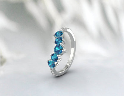 Unique V Shaped London Blue Topaz Wedding Band, 14K Gold Vintage Promise Curve Stackable Matching Band , Sterling Silver, Art Deco Band