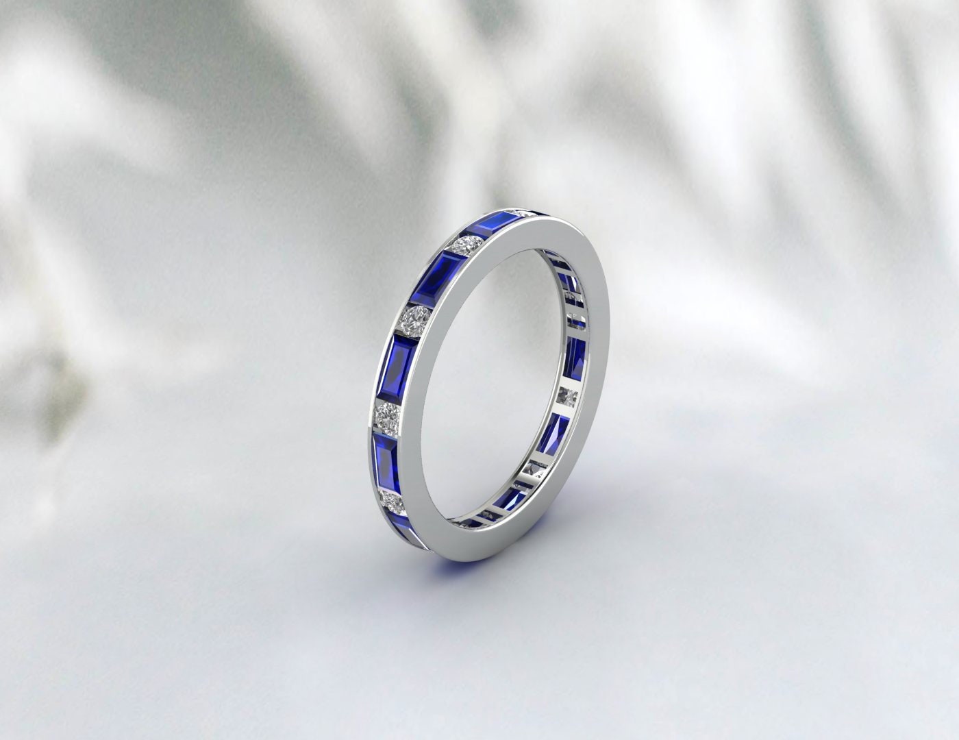 Baguette Sapphire Engagement Ring Art Deco Diamond Wedding Band