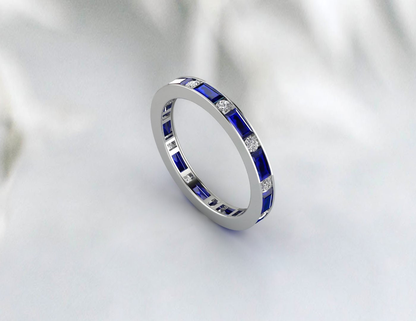 Baguette Sapphire Engagement Ring Art Deco Diamond Wedding Band