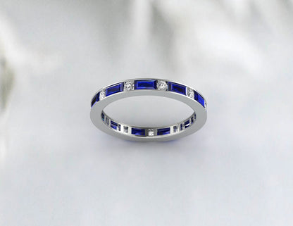 Baguette Sapphire Engagement Ring Art Deco Diamond Wedding Band