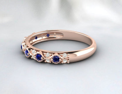 Silver Antique Sapphire Wedding Band Vintage Anniversary Gift For Her