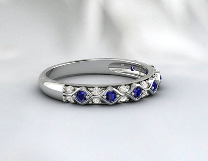 Silver Antique Sapphire Wedding Band Vintage Anniversary Gift For Her