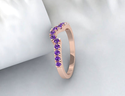 Sterling Silver Rings Amethyst Wedding Band Half Eternity Curved Ring White Gold Plated Anniversary Gift Matching Band February Birthstone