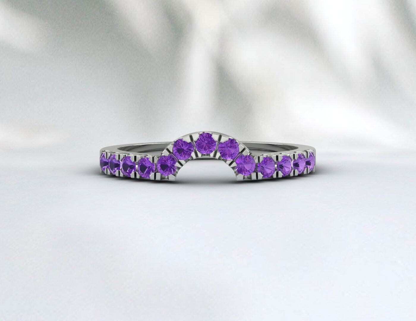 Sterling Silver Rings Amethyst Wedding Band Half Eternity Curved Ring White Gold Plated Anniversary Gift Matching Band February Birthstone