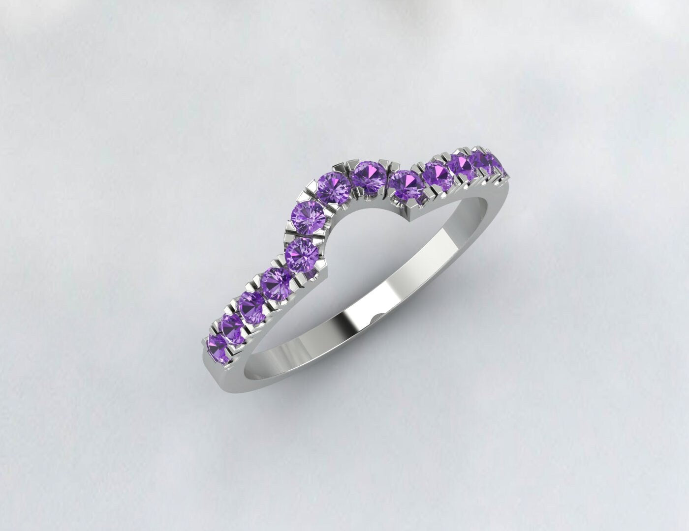 Sterling Silver Rings Amethyst Wedding Band Half Eternity Curved Ring White Gold Plated Anniversary Gift Matching Band February Birthstone