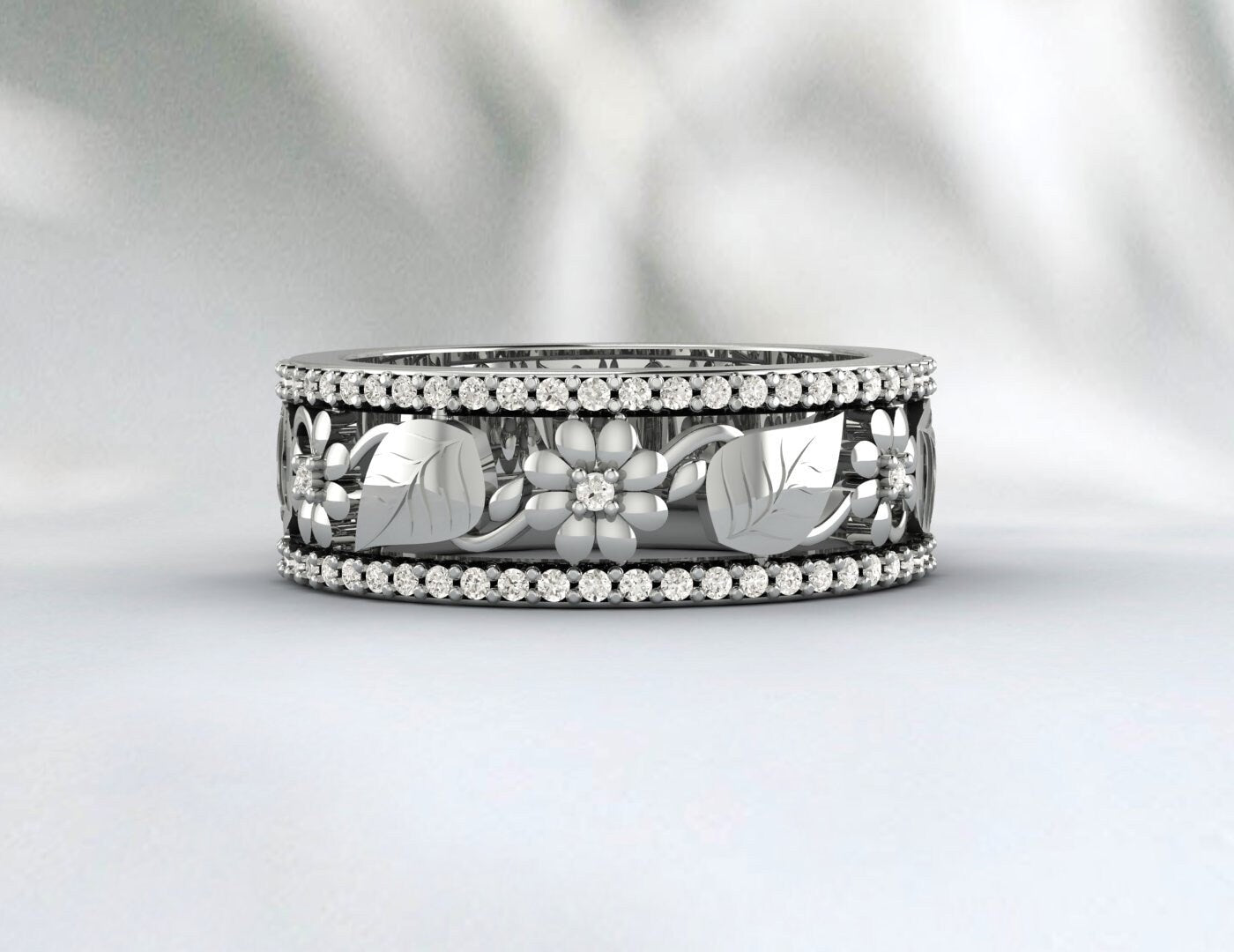 Floral Inspire Filigree Band Art Deco Diamond Milgrain Wedding Band