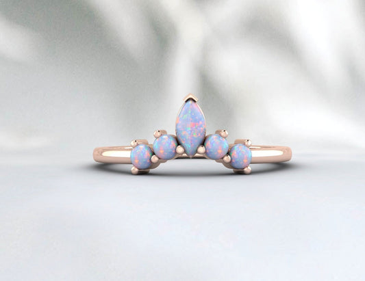 Curved Opal Unique Wedding Band Women Vintage Marquise Bridal Ring