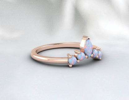 Curved Opal Unique Wedding Band Women Vintage Marquise Bridal Ring