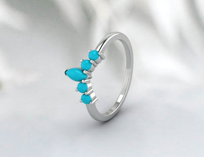 Bague de mariage vintage bleu turquoise taille marquise incurvée à 5 pierres