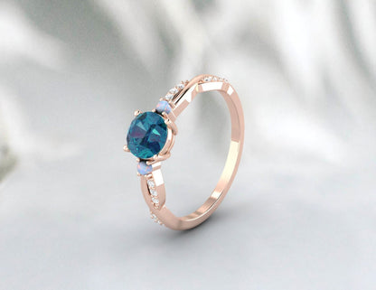 Round London Blue Topaz engagement ring, vintage opal ring,  Diamond ring for women rose gold ring jewelry unique anniversary wedding ring