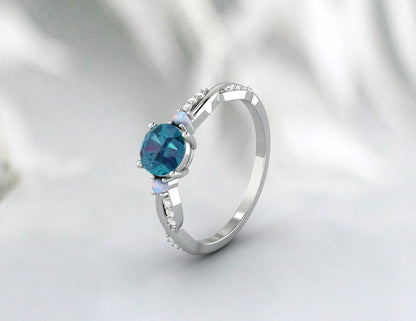 Round London Blue Topaz engagement ring, vintage opal ring,  Diamond ring for women rose gold ring jewelry unique anniversary wedding ring