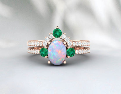 ensemble de bagues Opal Emerald vintage, ensemble nuptial opale en or rose, bague émeraude opale taille ovale, bande d’empilage de diamants incurvés uniques, bague Promise