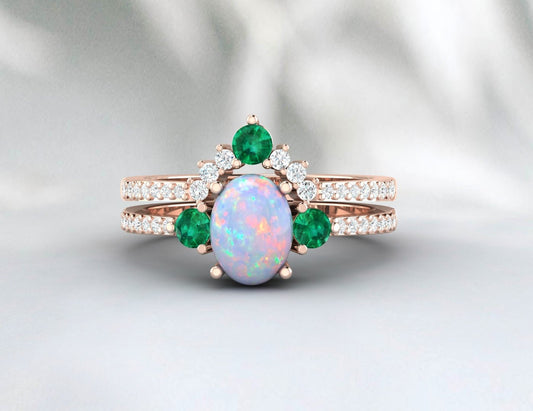 Vintage Opal Emerald ring set, Rose gold opal bridal set, Oval cut opal emerald ring, Unique Curved diamond stacking band, Promise ring