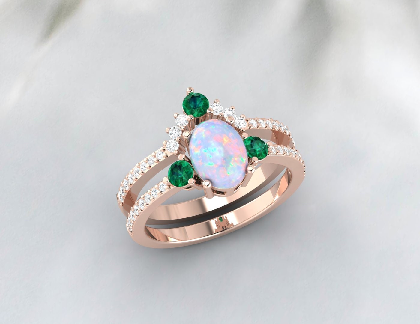 ensemble de bagues Opal Emerald vintage, ensemble nuptial opale en or rose, bague émeraude opale taille ovale, bande d’empilage de diamants incurvés uniques, bague Promise