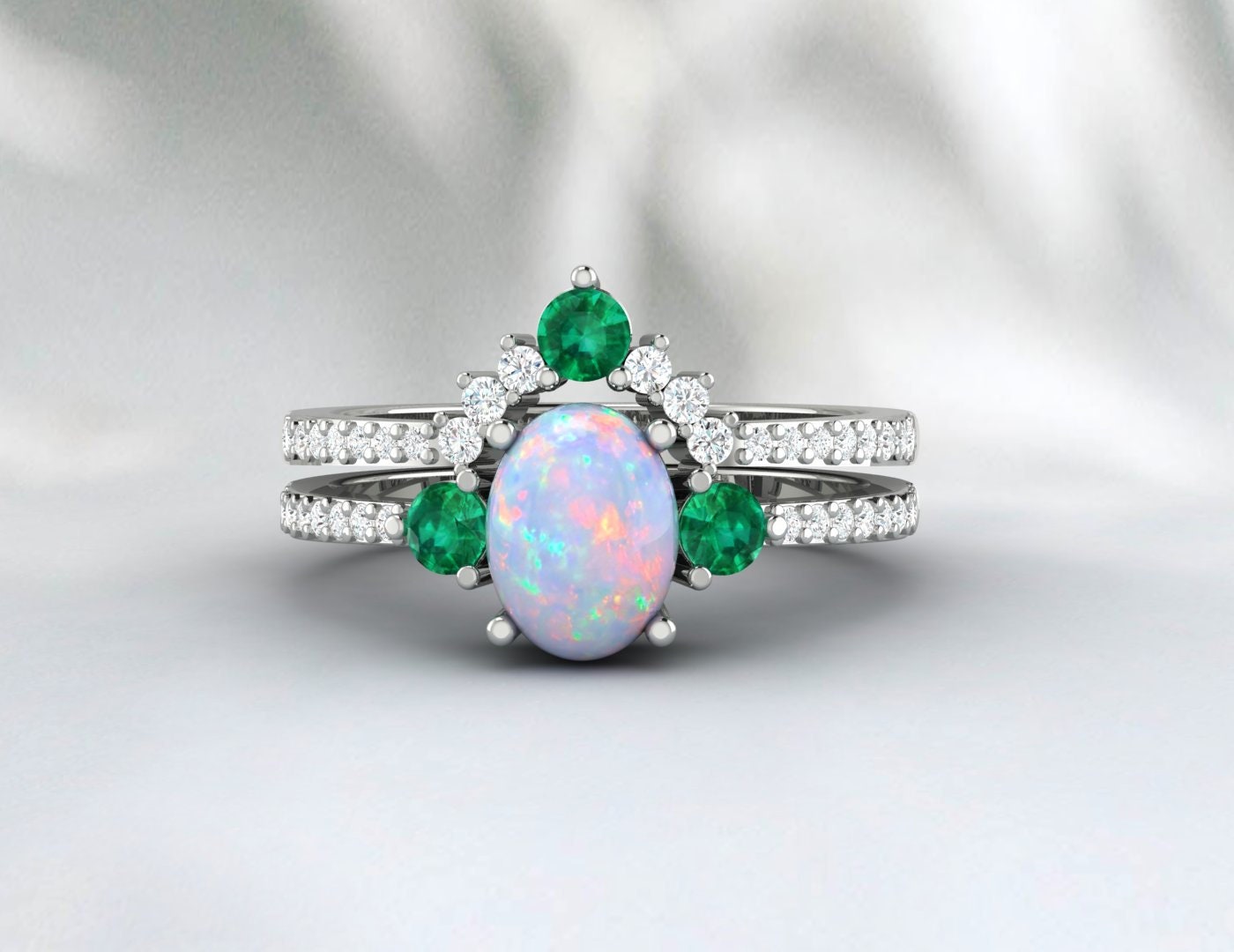 ensemble de bagues Opal Emerald vintage, ensemble nuptial opale en or rose, bague émeraude opale taille ovale, bande d’empilage de diamants incurvés uniques, bague Promise