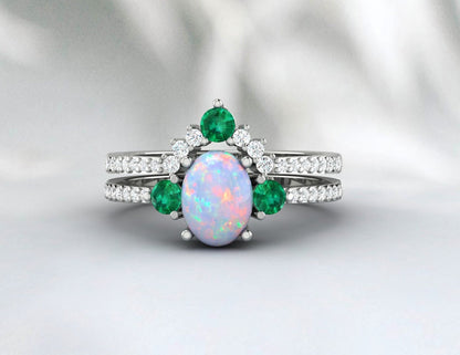 Vintage Opal Emerald ring set, Rose gold opal bridal set, Oval cut opal emerald ring, Unique Curved diamond stacking band, Promise ring