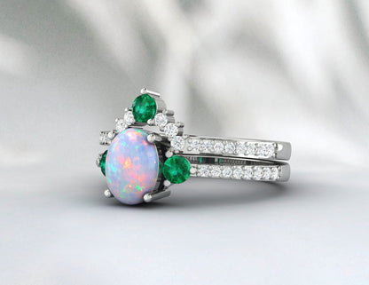 ensemble de bagues Opal Emerald vintage, ensemble nuptial opale en or rose, bague émeraude opale taille ovale, bande d’empilage de diamants incurvés uniques, bague Promise