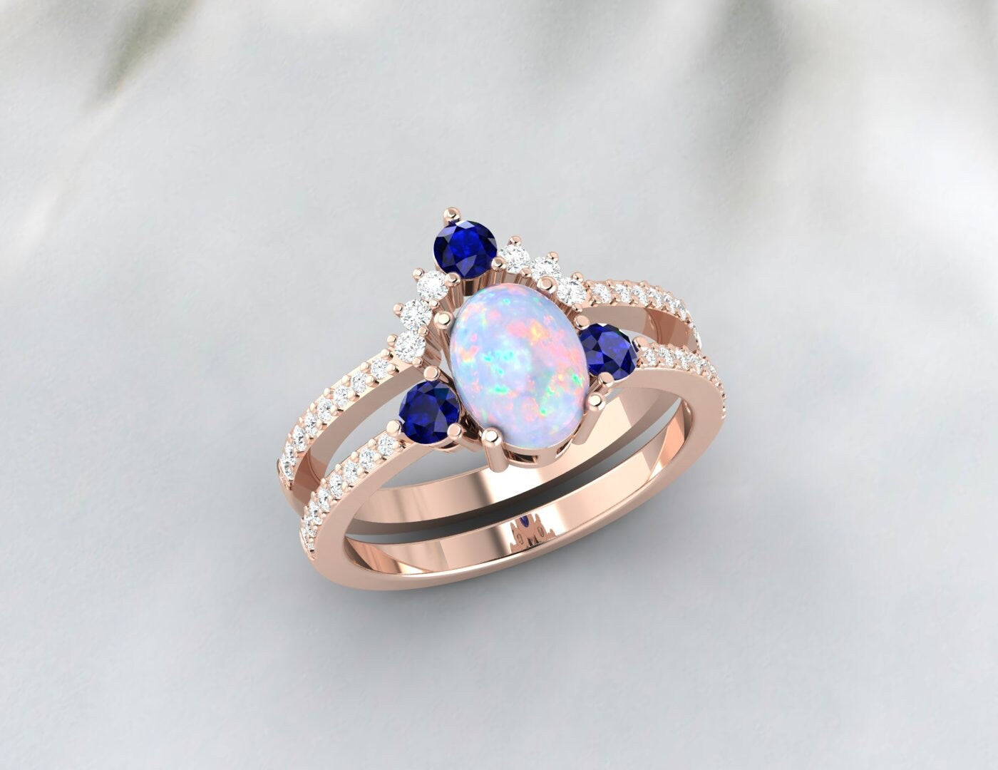 Opale arc-en-ciel australienne et saphir bleu Bridel Set 14k Rose Gold Bague de fiançailles Set 925 Sterling Silver Matching Band Set Cadeau pour l’amour