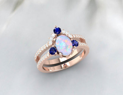 Australian Rainbow Opal And Blue Sapphire Bridel Set 14k Rose Gold Engagement Ring Set 925 Sterling Silver Matching Band Set Gift For Love